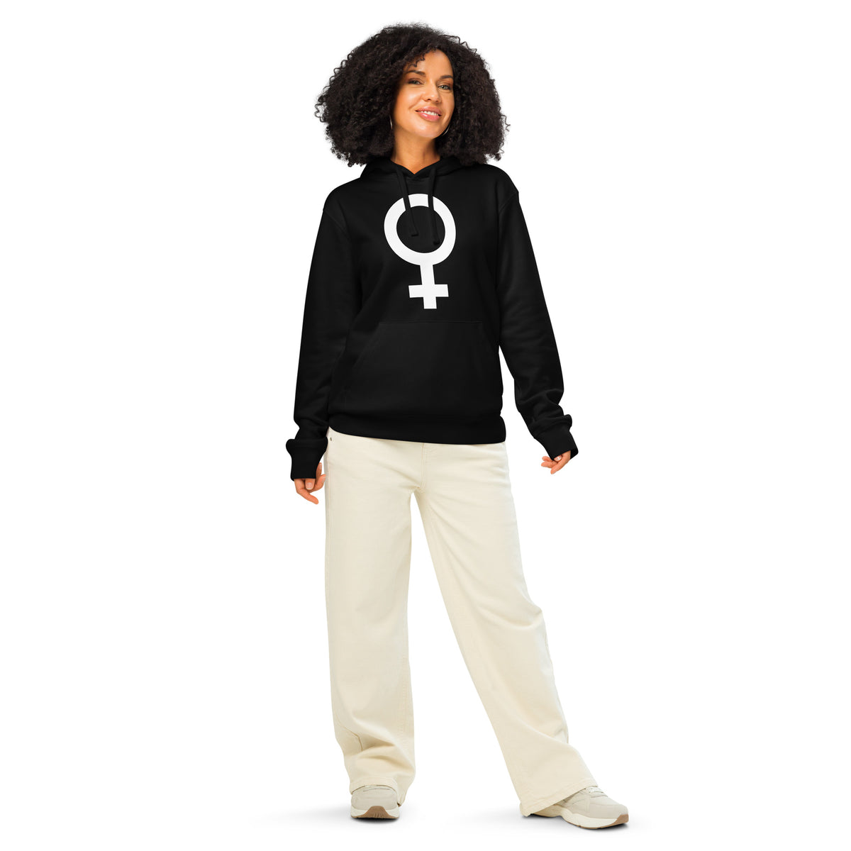 Schwarzer Kapuzenpullover mit großer weißer Grafik (weibliches Symbol) vorn