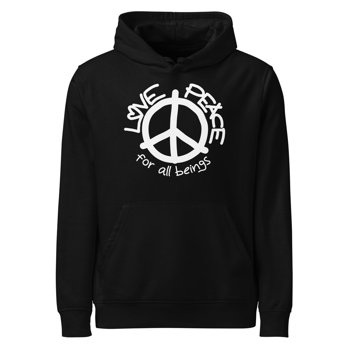 Schwarzer Hoodie mit Kapuze, Kängurutasche und Peace-Symbol