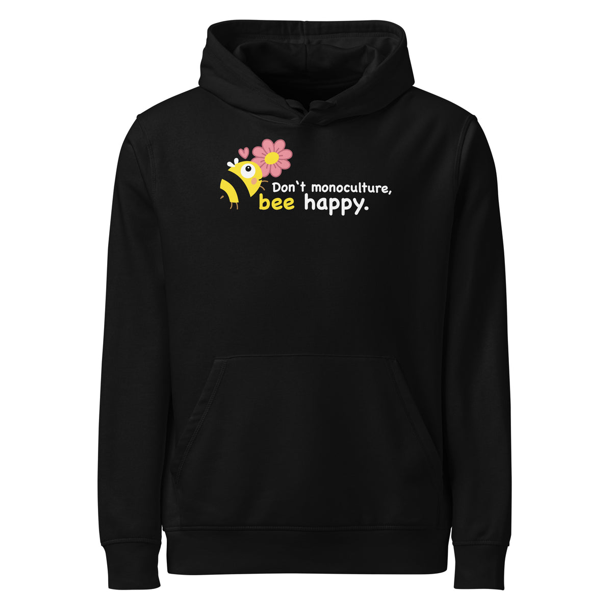 Schwarzer Hoodie mit Kapuze, Kängurutasche und Bienen-Aufdruck.