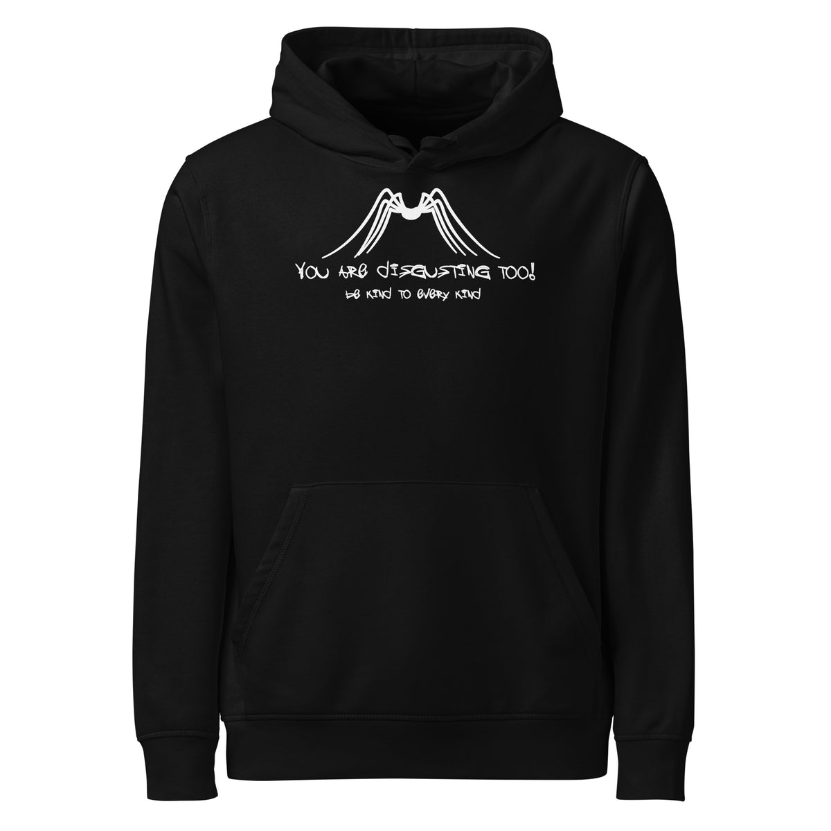 Schwarzer Hoodie mit Kapuze, Kängurutasche und Spinnen-Print auf der Brust