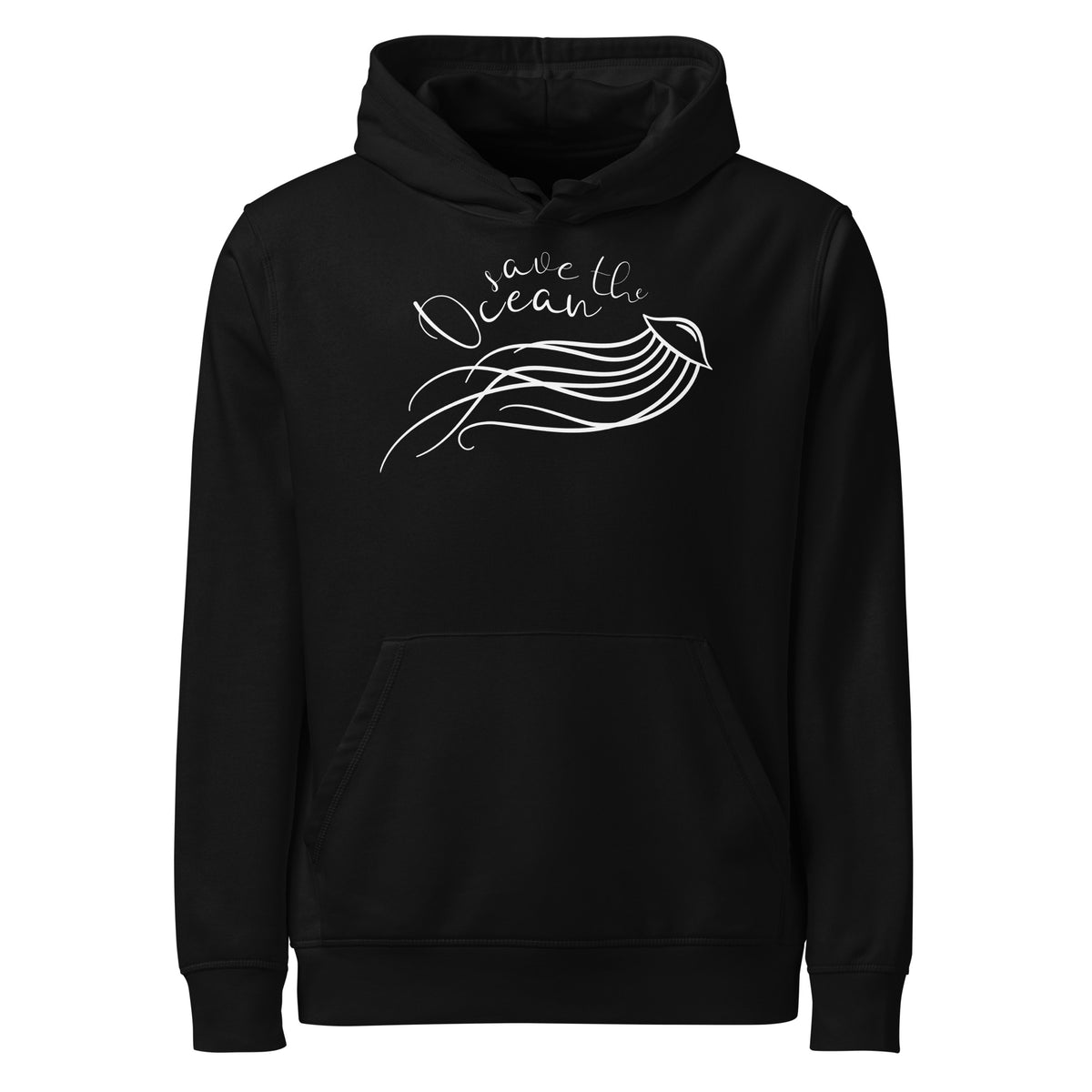 Schwarzer Hoodie mit Kapuze, Kängurutasche und Meerestier-Print vorn