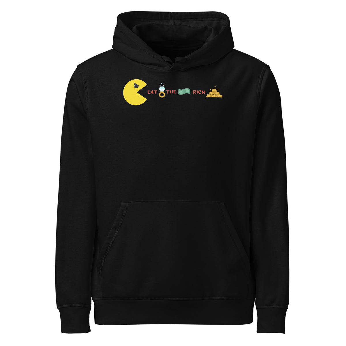 Schwarzer Hoodie mit Kapuze, Kängurutasche und „Eat the Rich“-Aufdruck