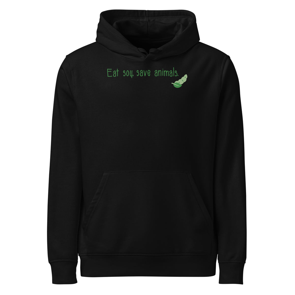 Schwarzer Hoodie mit Kapuze, Kängurutasche und grünem Schriftprint „Eat soy save animals“