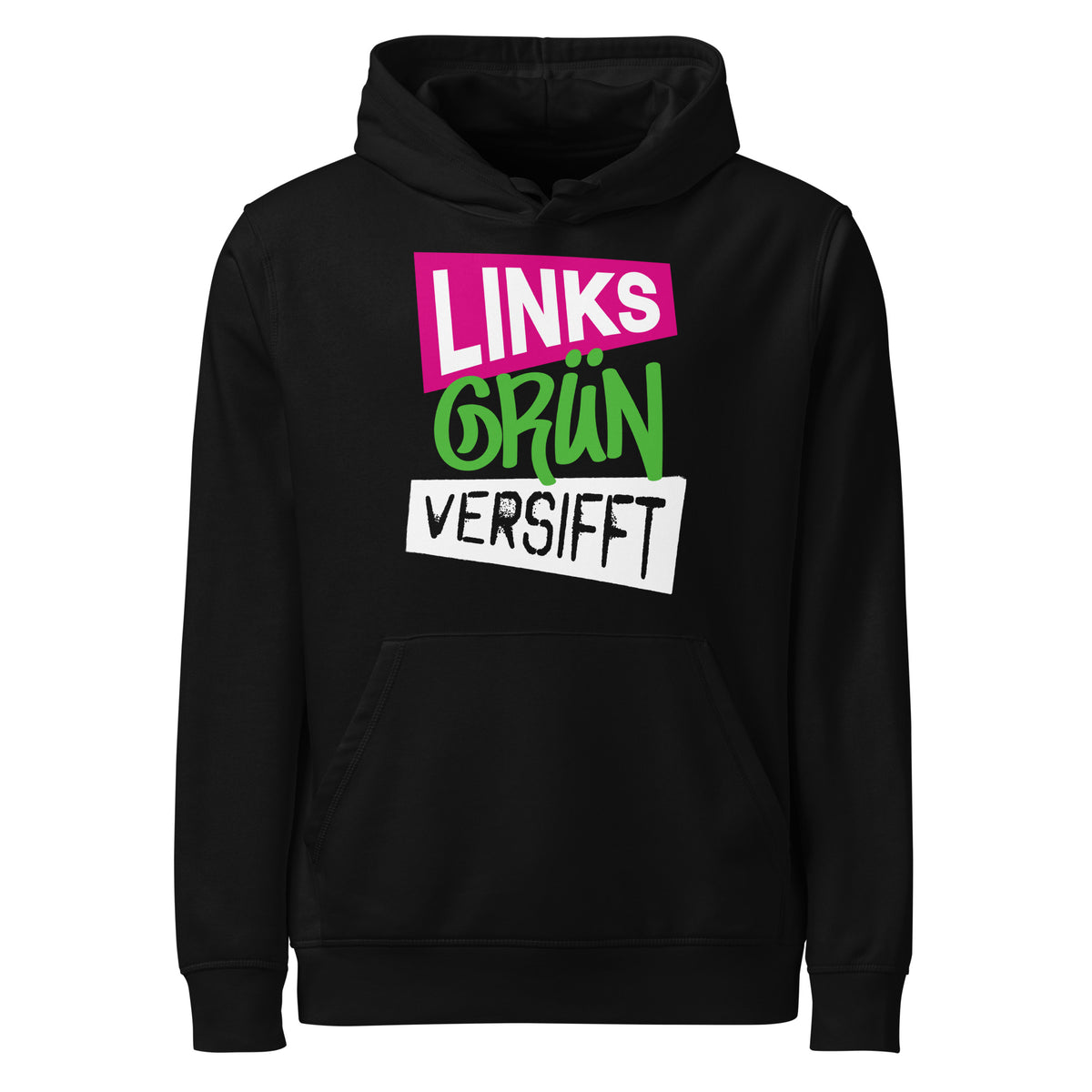 Schwarzer Hoodie mit Kapuze und Frontprint aus bunten Schriftzügen