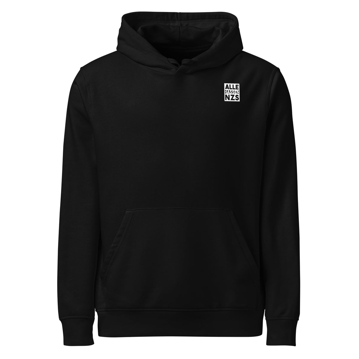 Schwarzer Hoodie mit Kapuze und Kängurutasche, Aufdruck „ALLE HASSEN NZS“
