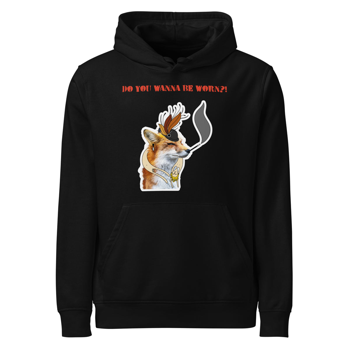 Schwarzer Hoodie mit Kapuze, Kängurutasche und Fuchs-Print vorne