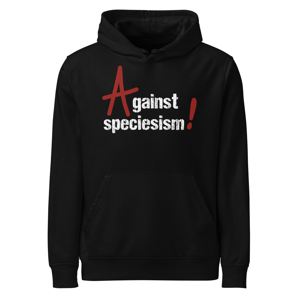 Schwarzer Bio-Vegan Hoodie mit Kapuze, Kängurutasche und Aufdruck „Against speciesism!“