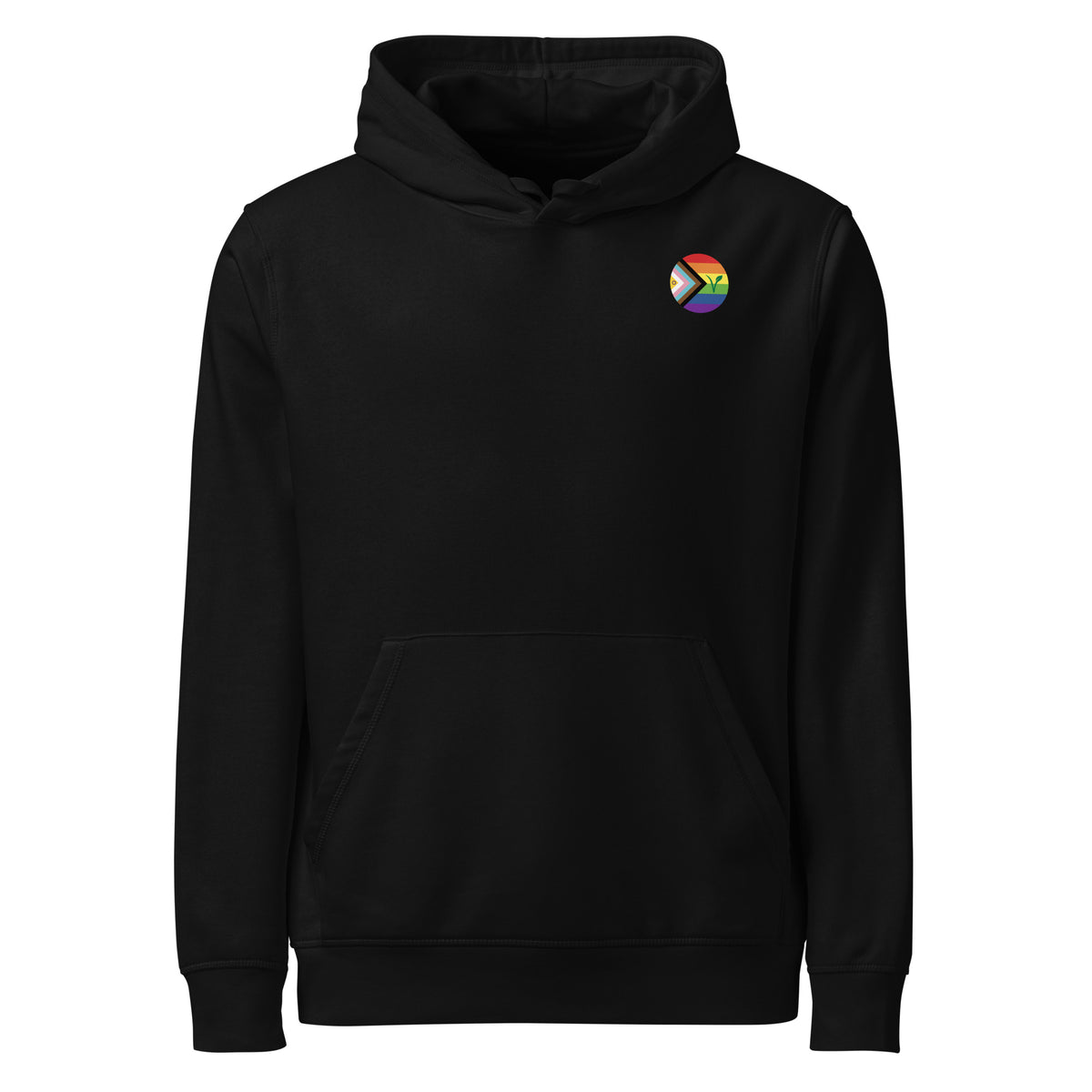 Schwarzer Hoodie mit Kapuze, Kängurutasche und Regenbogen-Logo auf der Brust