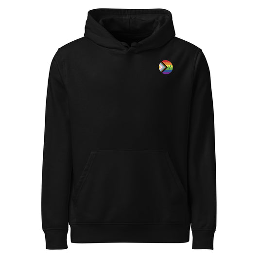 Schwarzer Hoodie mit Kapuze, Kängurutasche und Regenbogen-Logo auf der Brust
