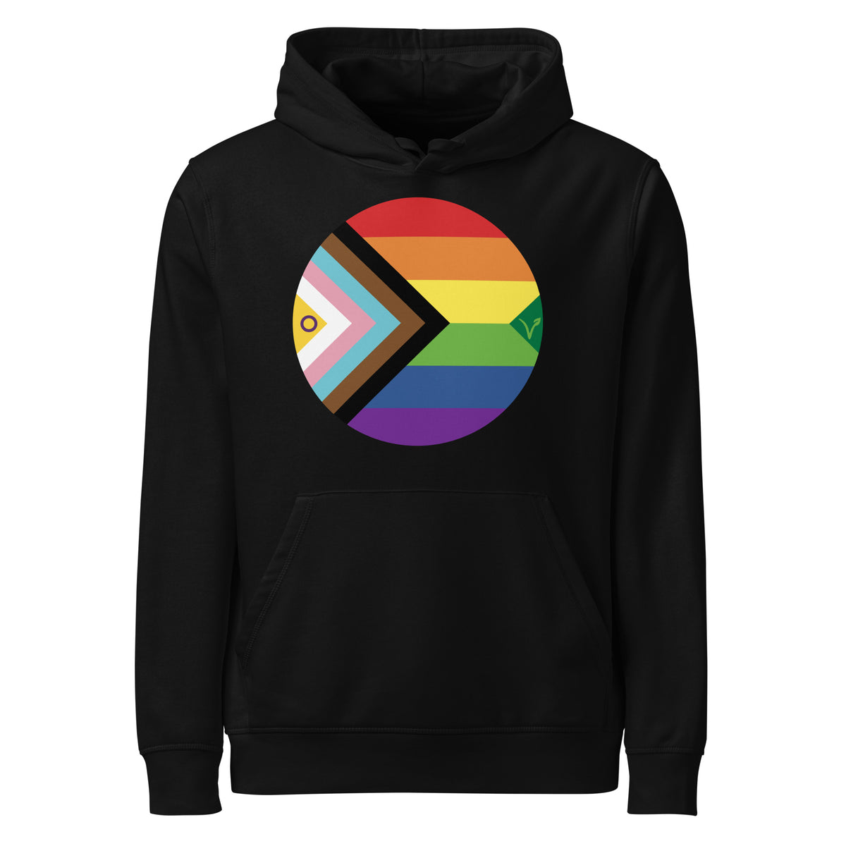 Schwarzer Hoodie mit Kapuze und Regenbogen-Aufdruck im Kreis auf der Brust