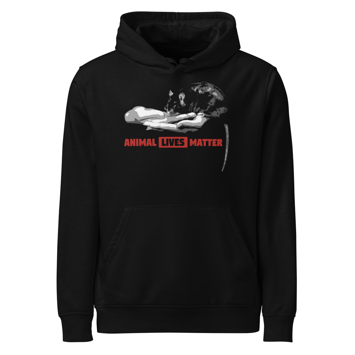 Schwarzer Hoodie mit Kapuze, Kängurutasche und Frontprint „ANIMAL LIVES MATTER“