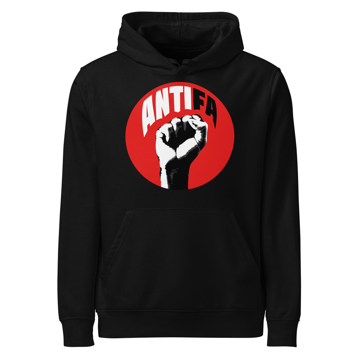 Schwarzer Hoodie mit Kapuze und Frontdruck im roten Kreis (ANTIFA)