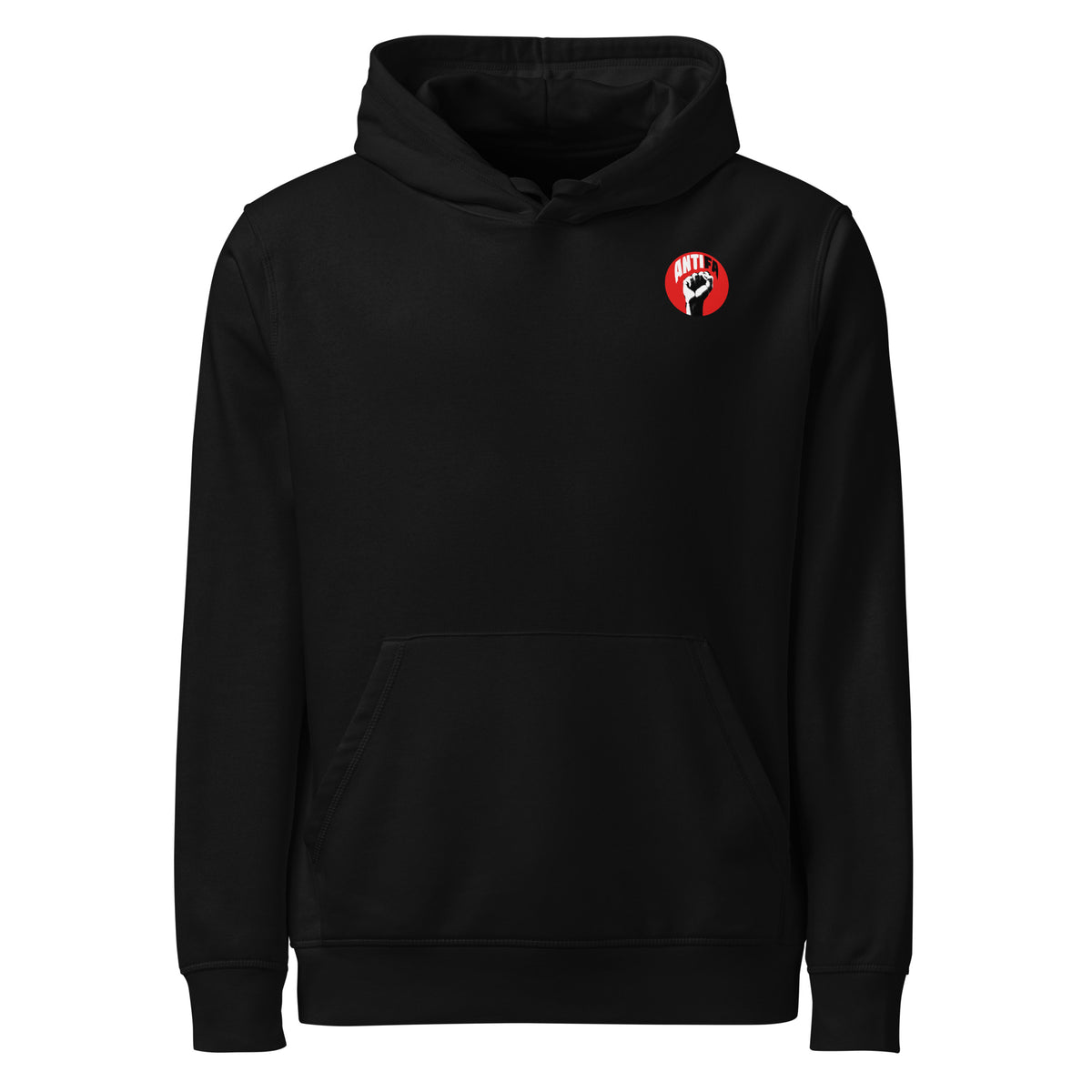 Schwarzer Hoodie mit Kapuze und Kängurutasche, rotes rundes Logo-Emblem vorne