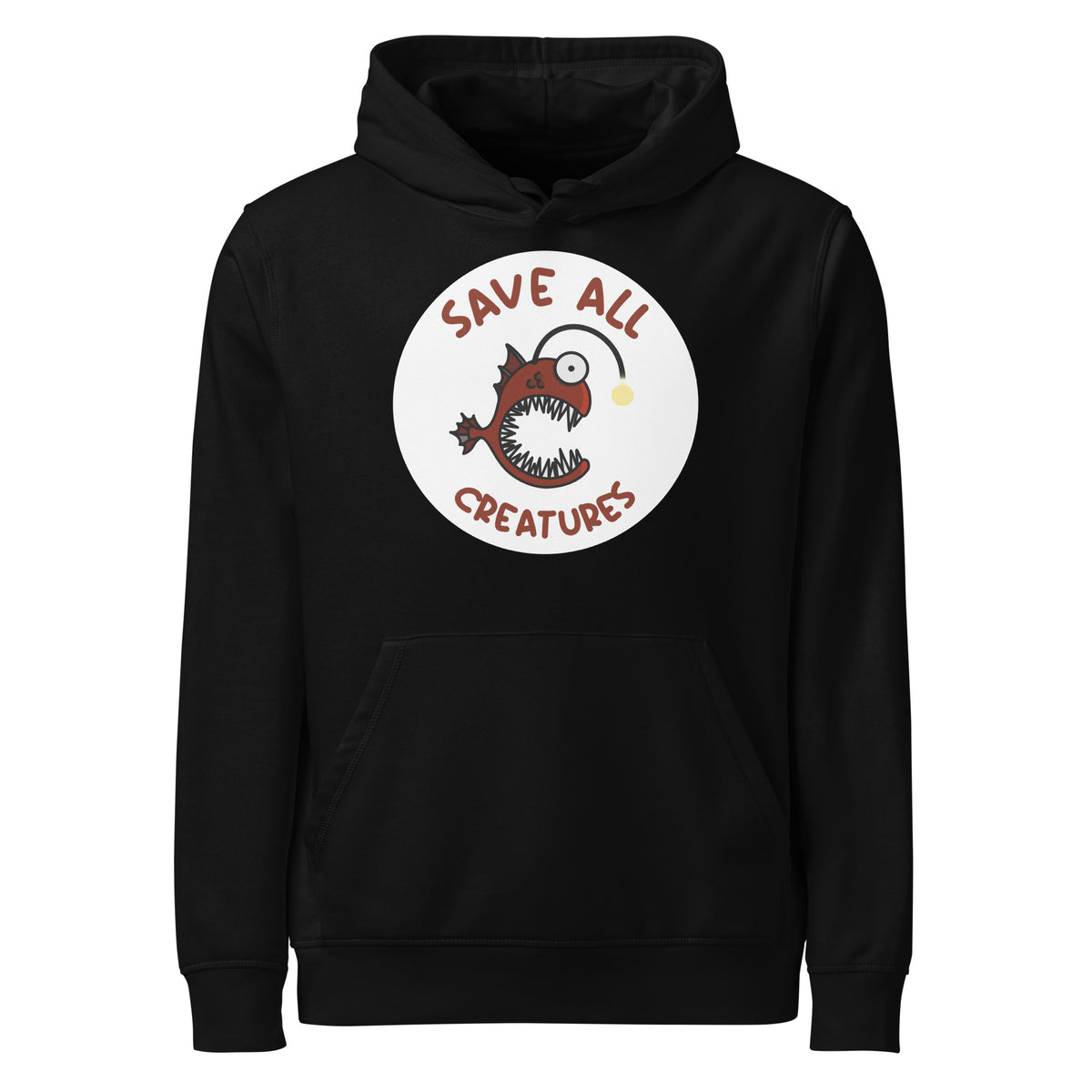 Schwarzer Hoodie mit Kapuze und Kängurutasche, „Save all Creatures“-Aufdruck im Kreis