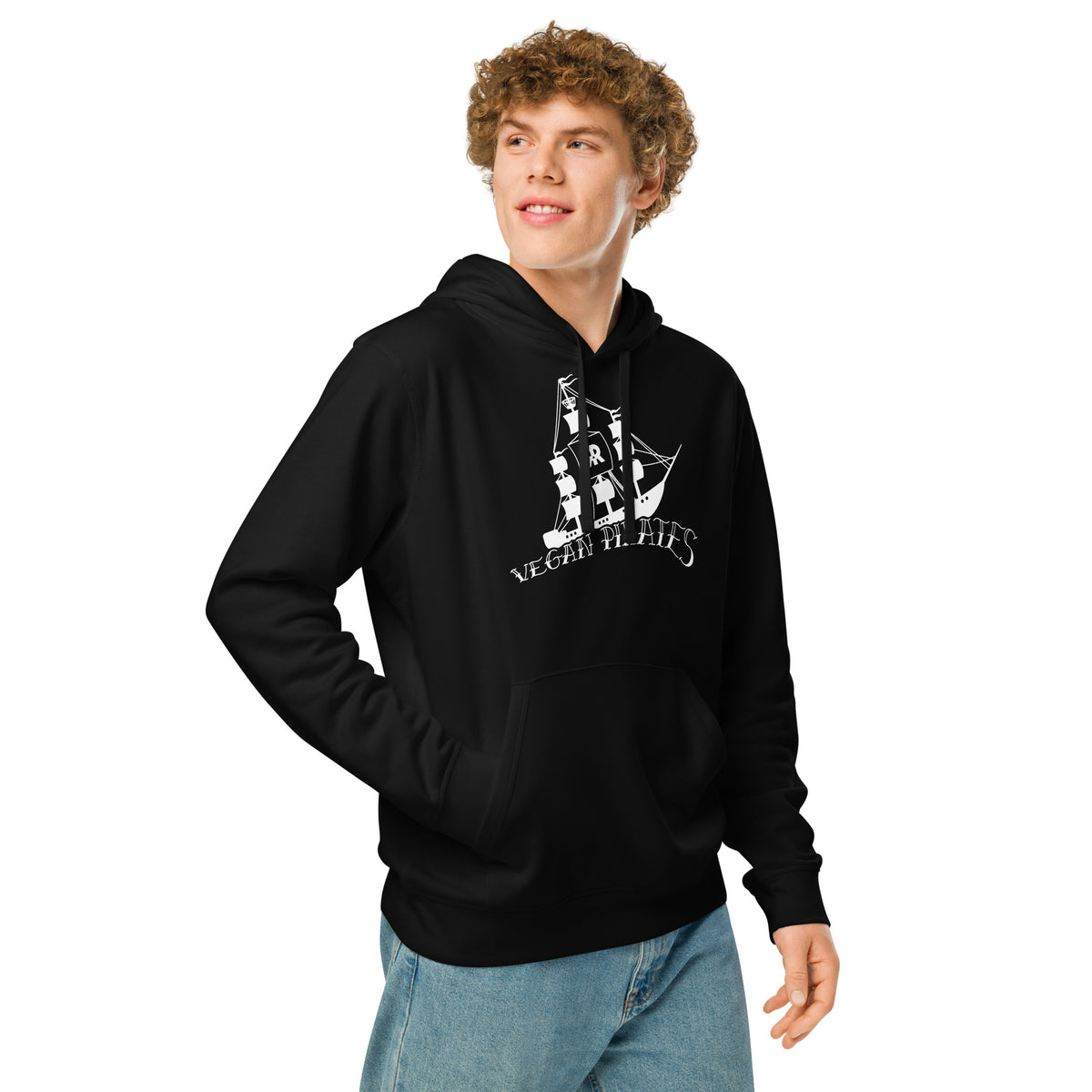 Schwarzer Hoodie mit Kapuze, Kängurutasche und Piraten-Frontdruck