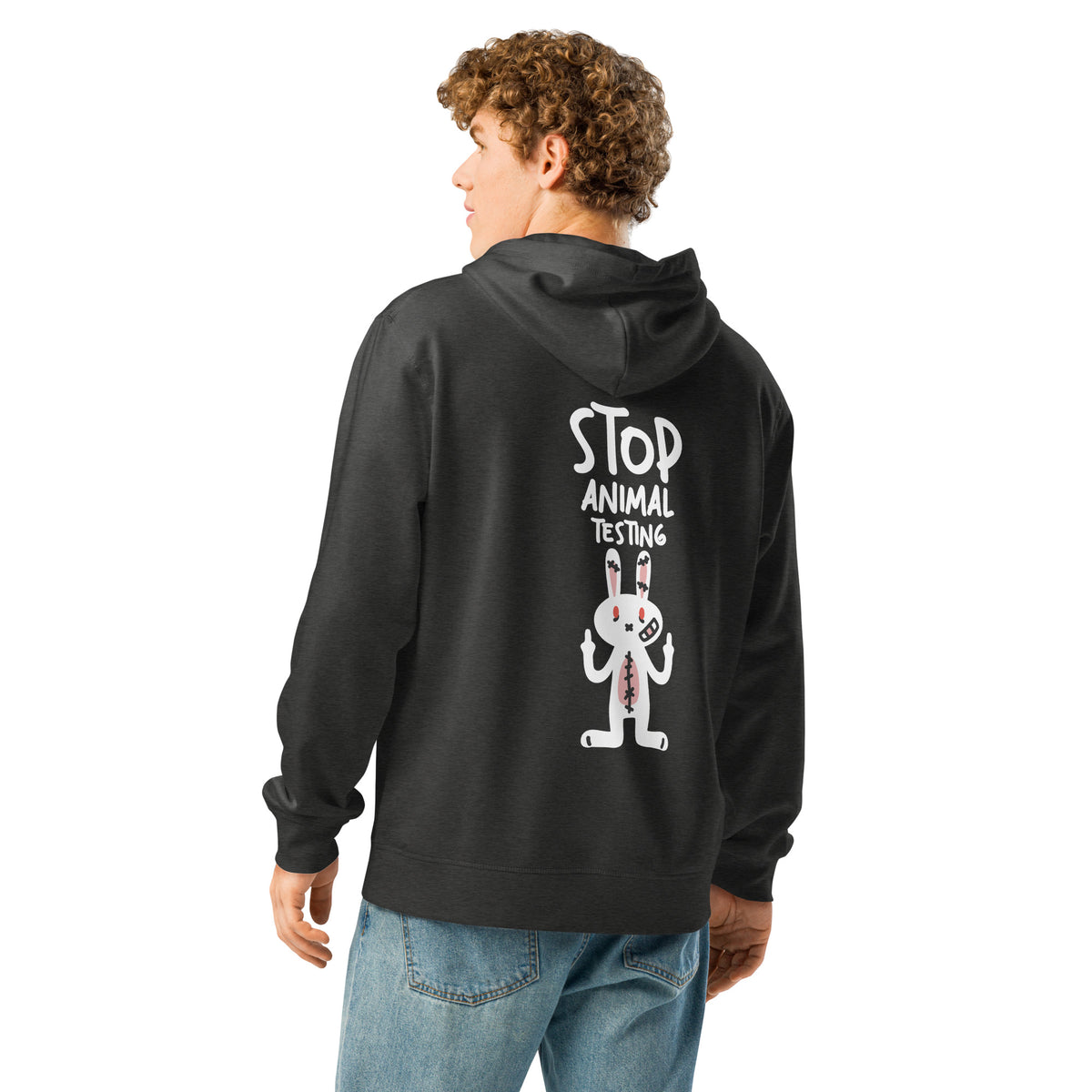 Dunkler veganer Bio-Hoodie mit Kapuze und Rückseitenaufdruck STOP ANIMAL TESTING