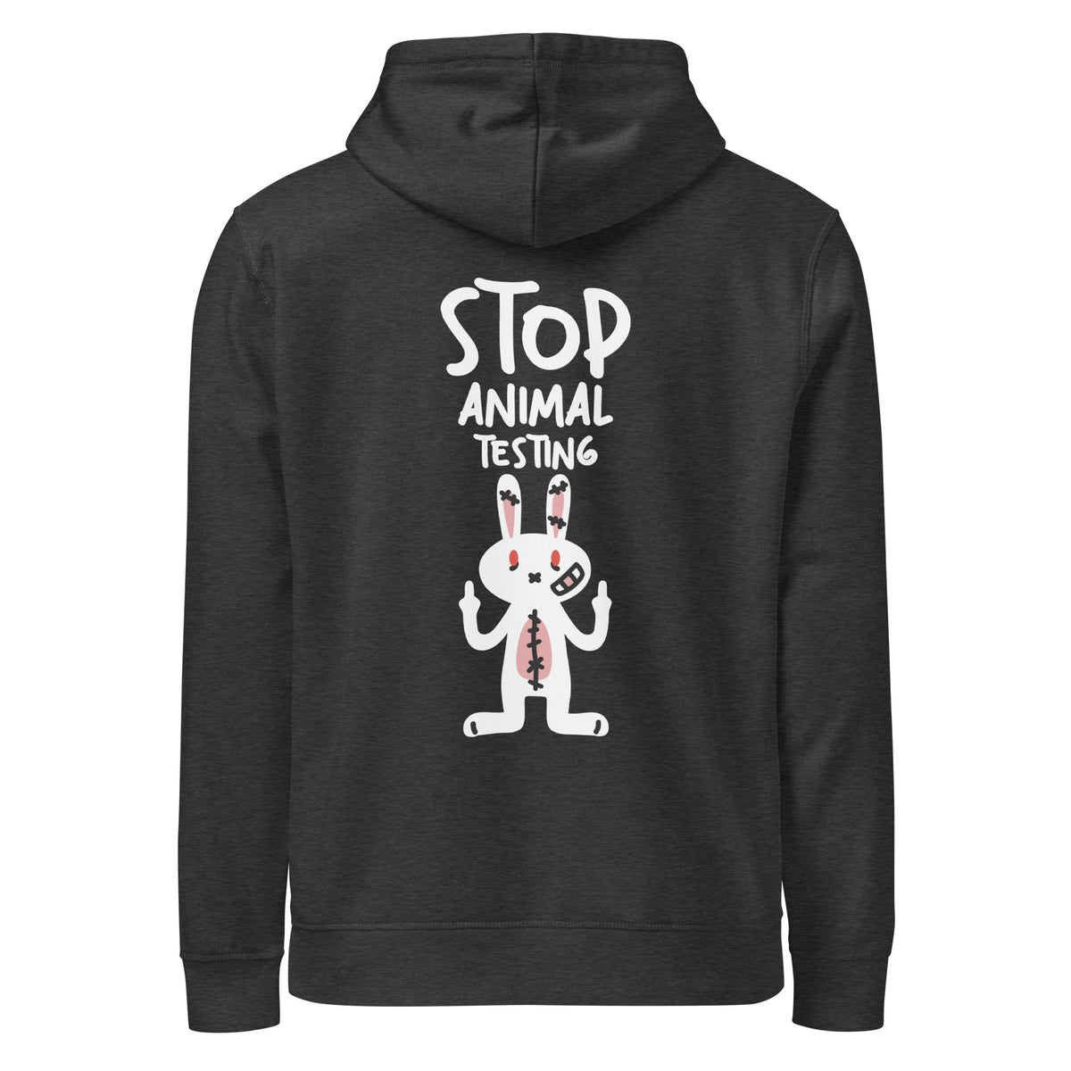 Dunkelgrauer veganer Bio-Hoodie mit Kapuze und Frontaufdruck STOP ANIMAL TESTING
