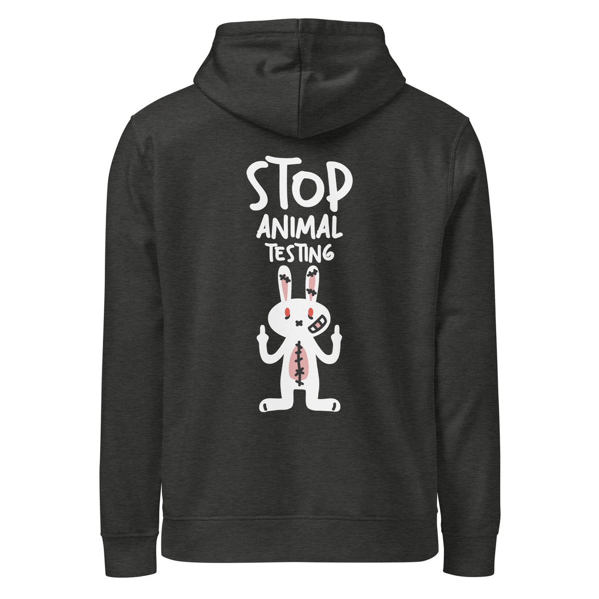Dunkelgrauer Hoodie mit Kapuze und Frontprint „STOP ANIMAL TESTING“ mit Kaninchen