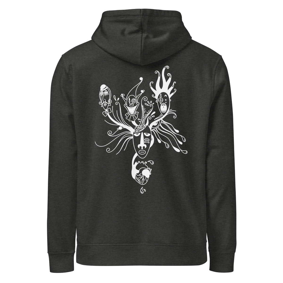 Dunkelgrauer Hoodie mit Kapuze und weißem Maskenprint auf dem Rücken