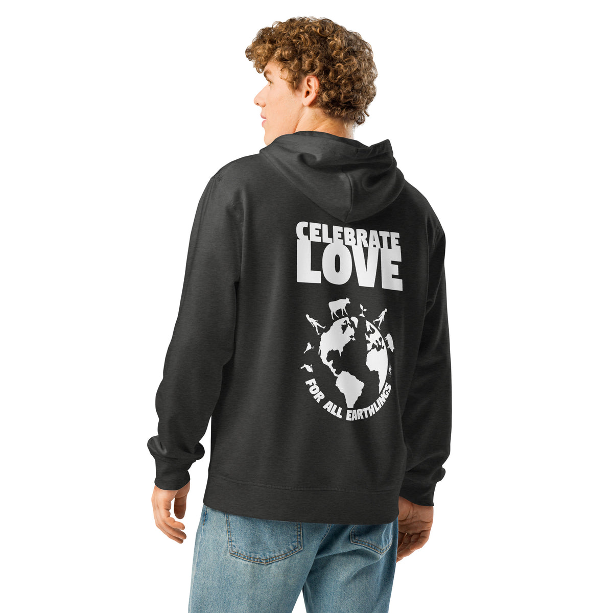 Schwarzer Hoodie mit Kapuze und Print „CELEBRATE LOVE“ auf der Rückseite