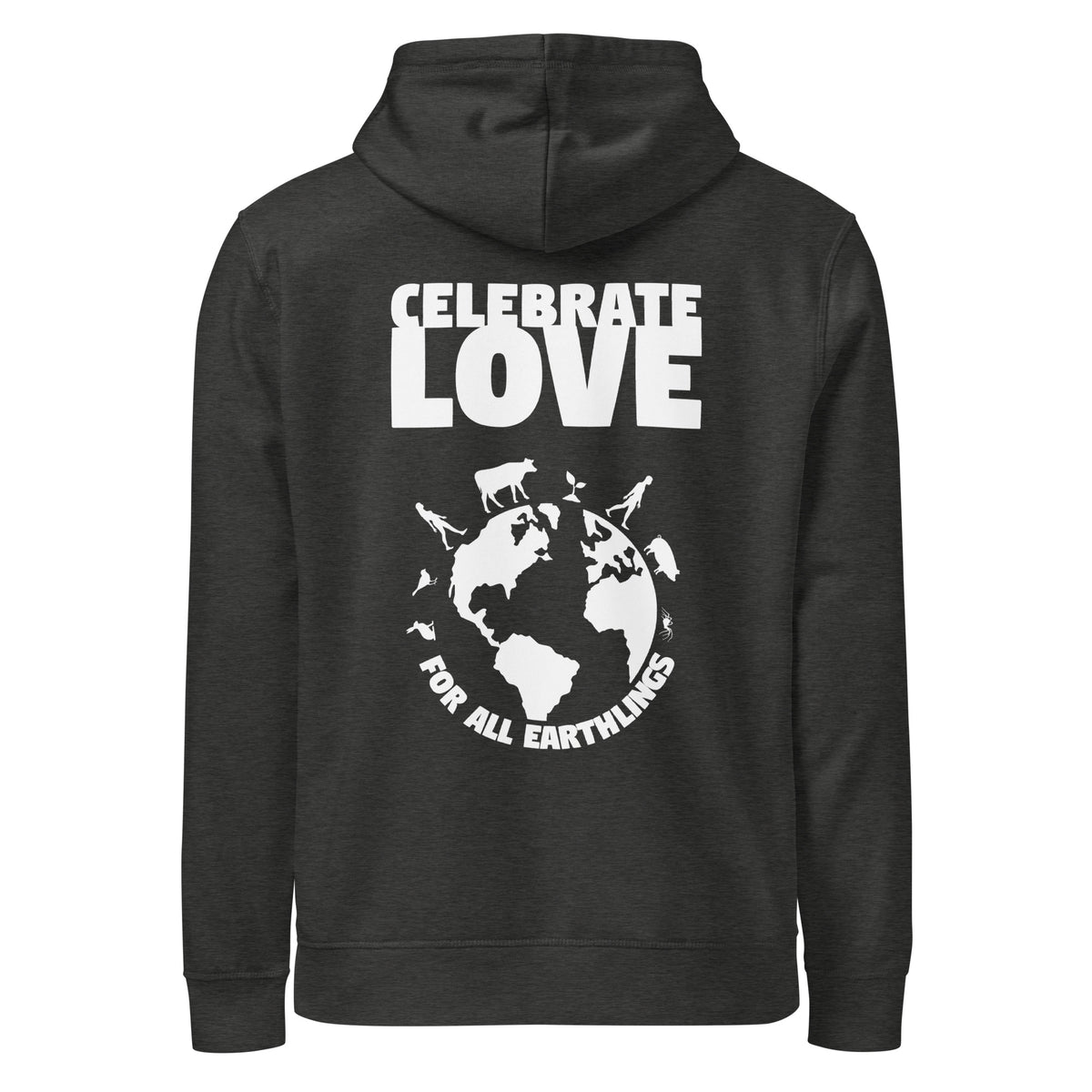 Dunkelgrauer Hoodie mit Kapuze und großem Print „CELEBRATE LOVE“ auf der Vorderseite