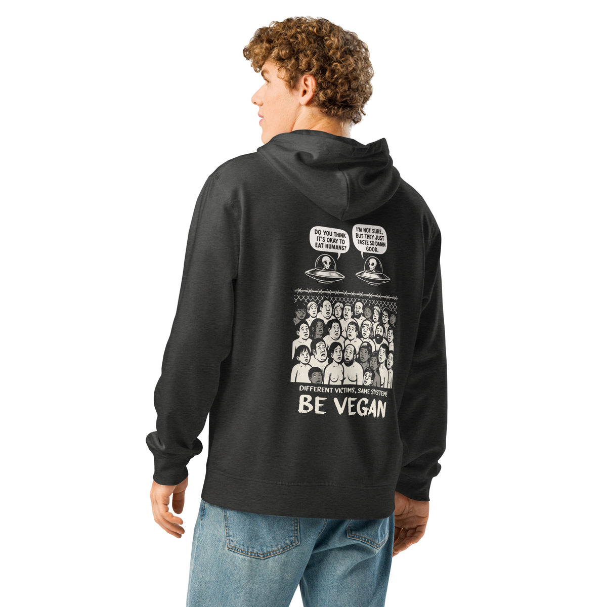 Schwarzer veganes Bio-Hoodie mit Kapuze und Reißverschluss, Alien-Print am Rücken