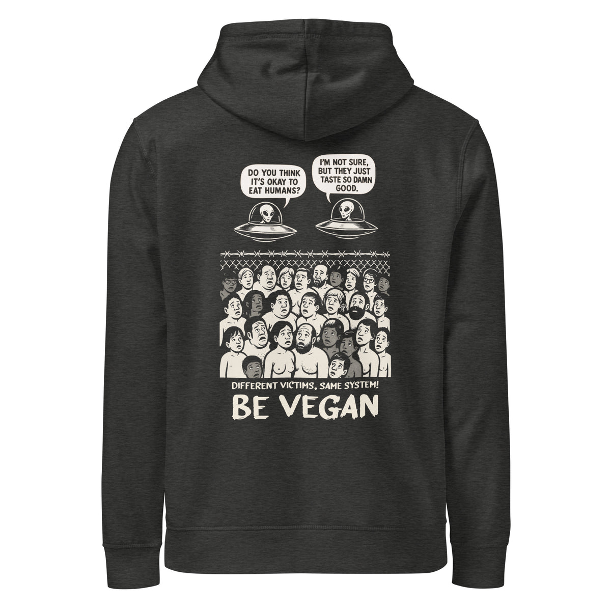 Dunkelgrauer veganes Bio-Hoodie mit Kapuze und Reißverschluss, Alien-Print vorne