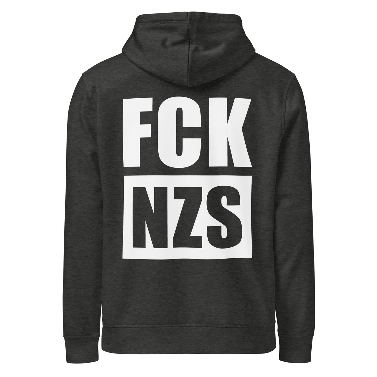 Dunkelgrauer Hoodie mit Kapuze und Kängurutasche, Frontprint „FCK NZS“.