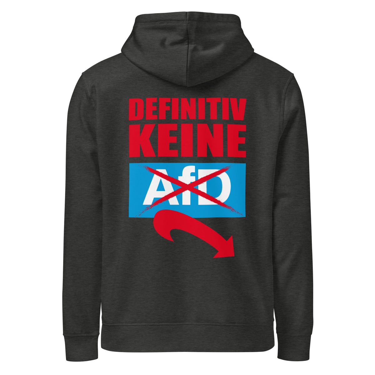 Dunkelgrauer Hoodie mit großer mehrfarbiger Frontgrafik und durchgestrichenem Symbol