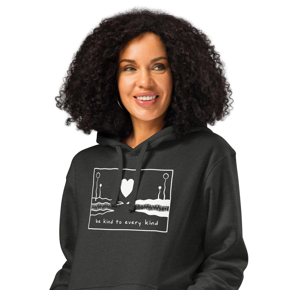 Dunkler Hoodie mit Kapuze und Frontprint „be kind to every kind“