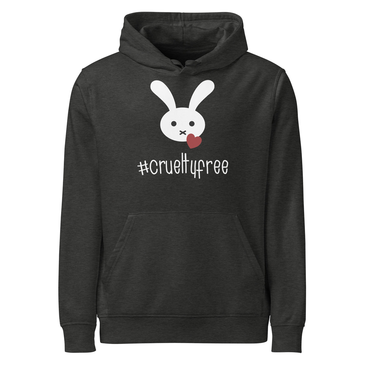 Schwarzer Bio-Baumwoll-Hoodie mit weißem Hasen-Motiv, rotem Herz und #crueltyfree Schriftzug.