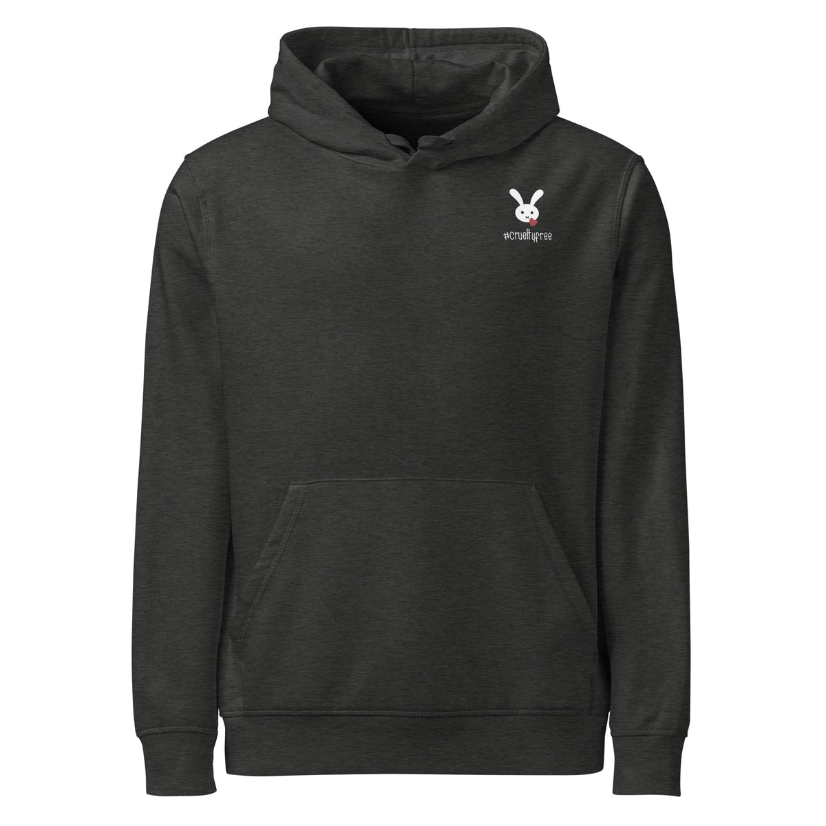 Dunkelgrauer Bio-Baumwoll-Hoodie mit weißem Hasen-Logo und #crueltyfree-Schriftzug auf der Brust.