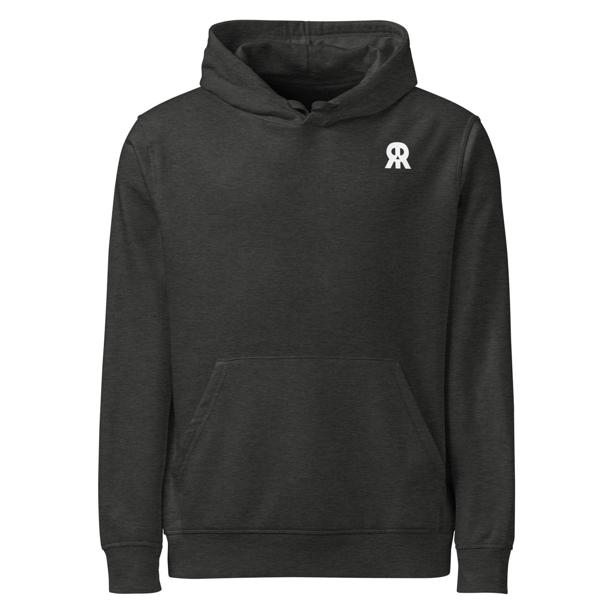 Dunkelgrauer Hoodie mit Kapuze, Kängurutasche und kleinem Logo auf der Brust.