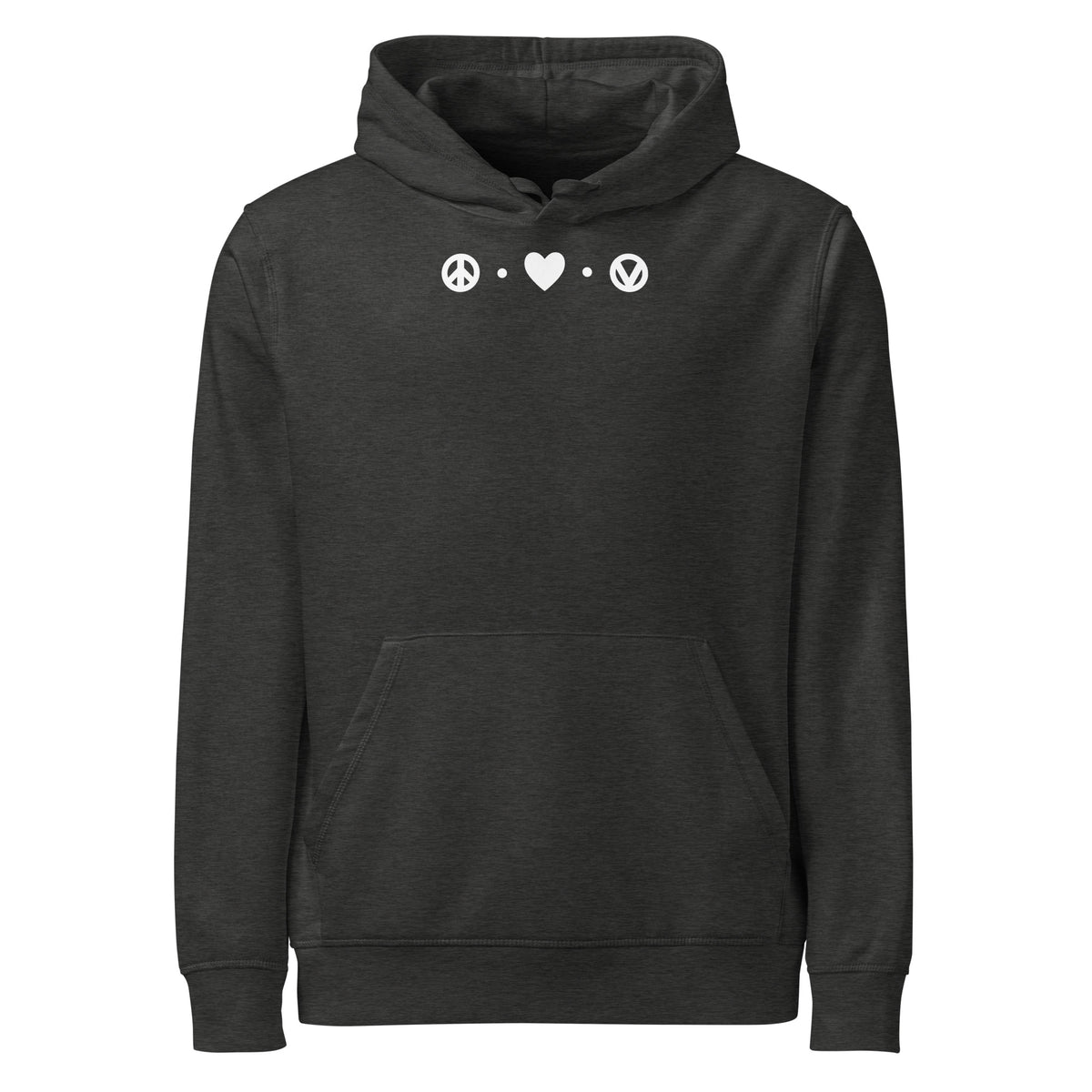 Dunkelgrauer Hoodie mit Kapuze, Kängurutasche und Peace-/Herz-Print vorn.