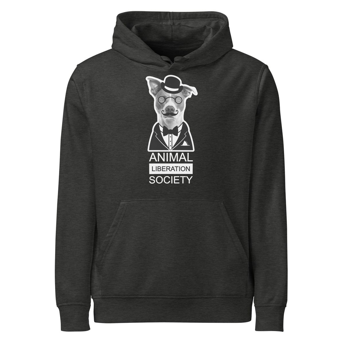 Dunkelgrauer Hoodie mit Kapuze und Kängurutasche, Aufdruck „Animal Liberation Society“.