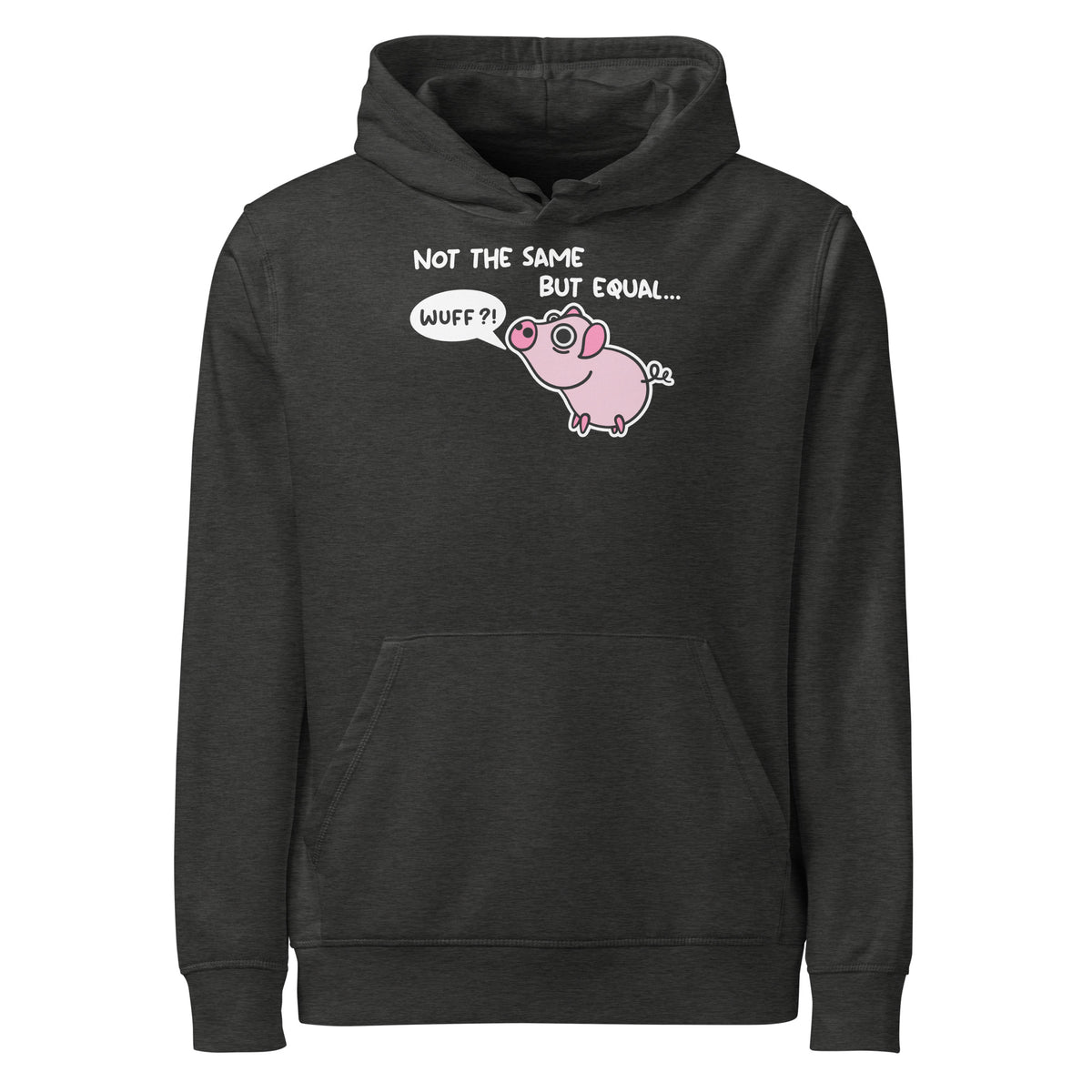 Veganer Bio-Hoodie, dunkelgrau: Kapuze, Kängurutasche, Schweinchen-Comicprint