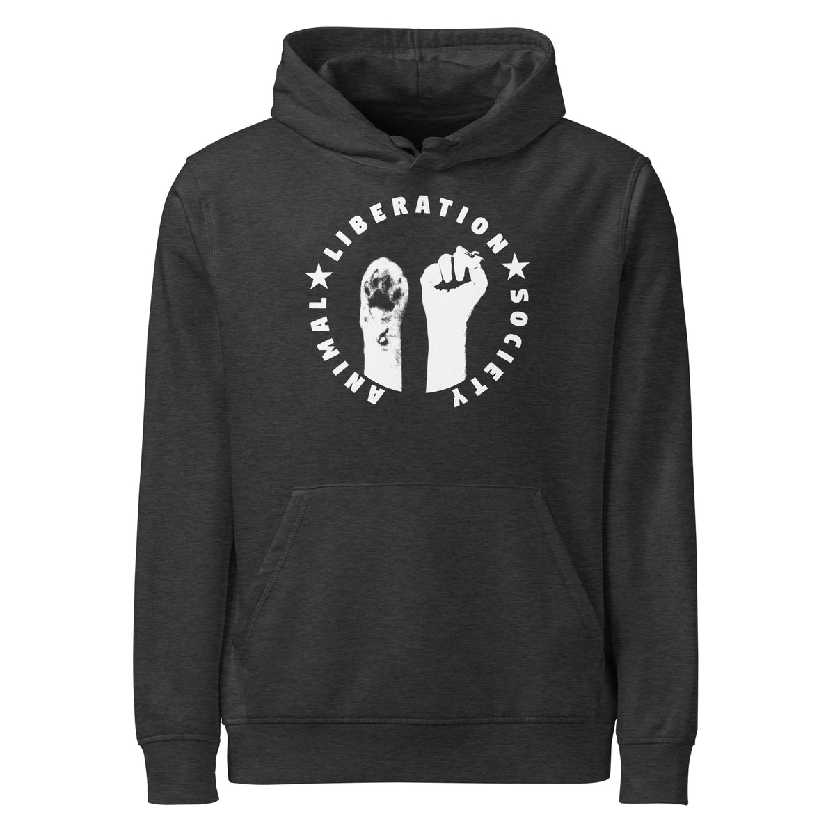 Dunkelgrauer Bio-Hoodie mit Kapuze, Kängurutasche und Motiv mit Pfote und Faust