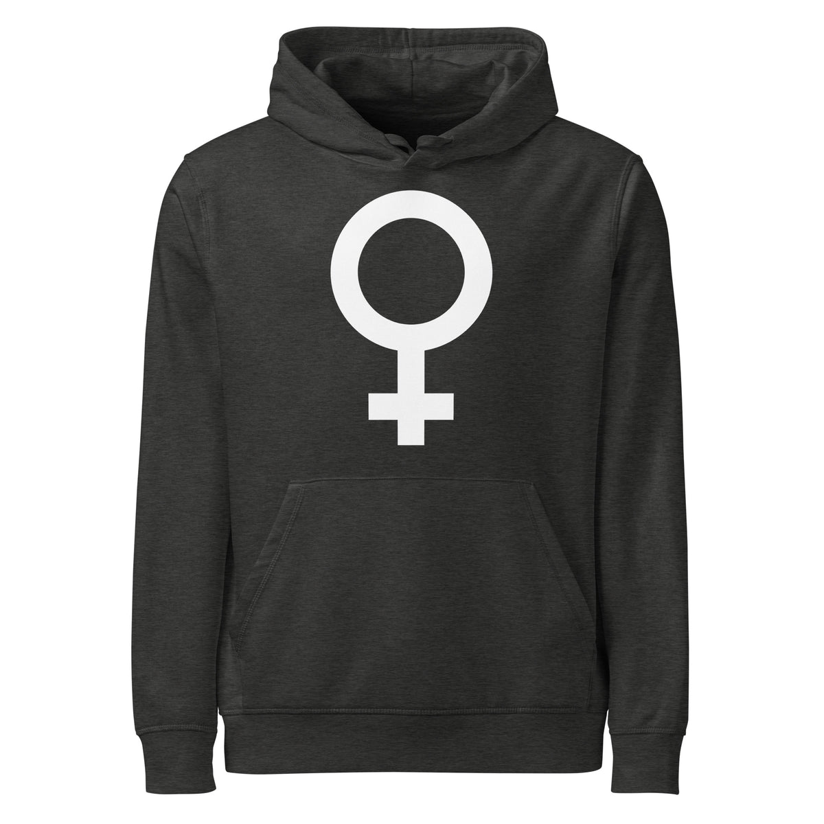 Dunkelgrauer Kapuzenpullover mit großer weißer Grafik (weibliches Symbol) vorn