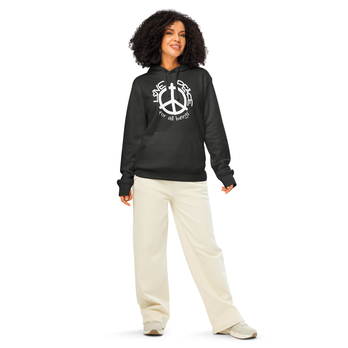 Schwarzer Hoodie mit Kapuze, Kängurutasche und Peace-Symbol-Logo