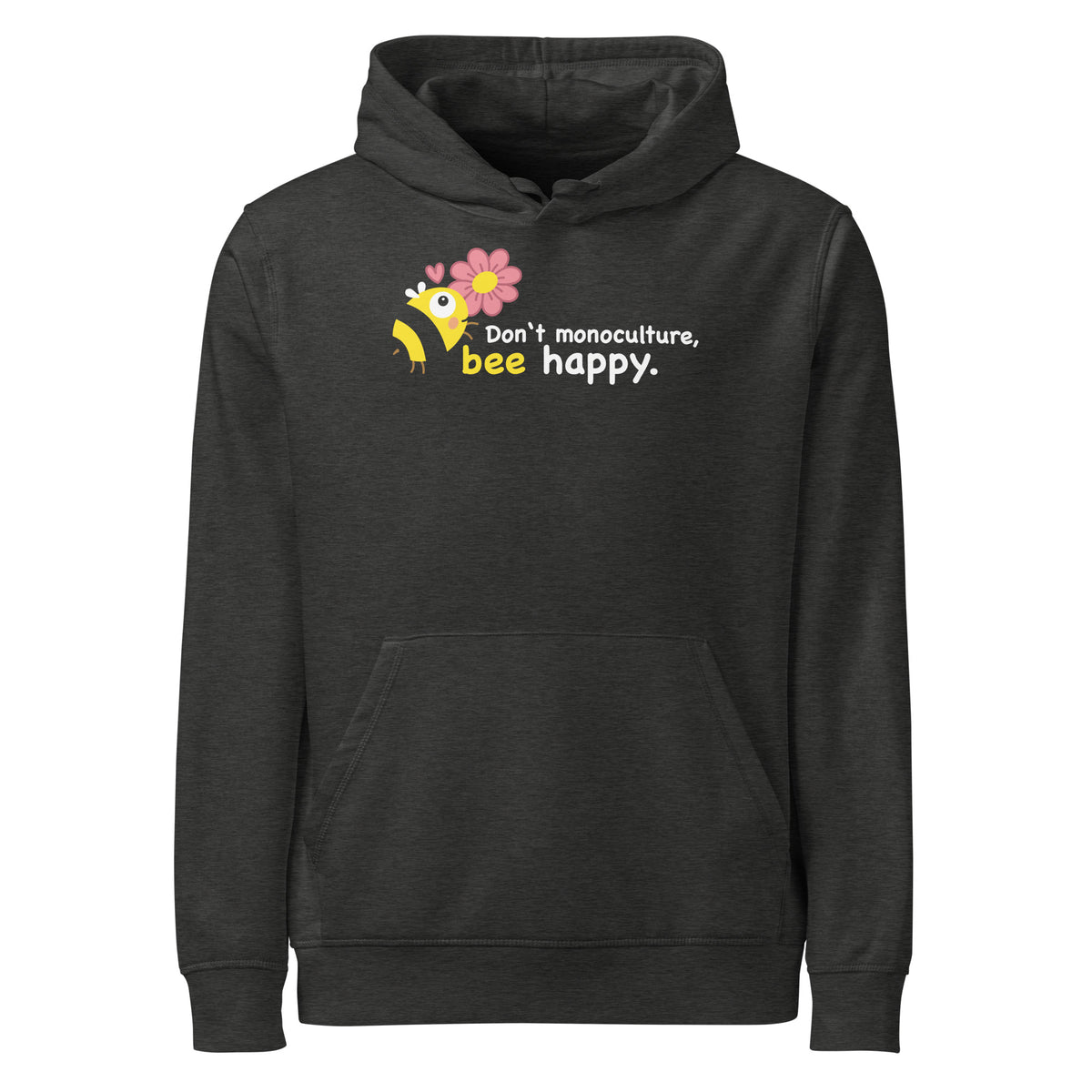 Dunkelgrauer Hoodie mit Kapuze, Kängurutasche und Bienen-Aufdruck.