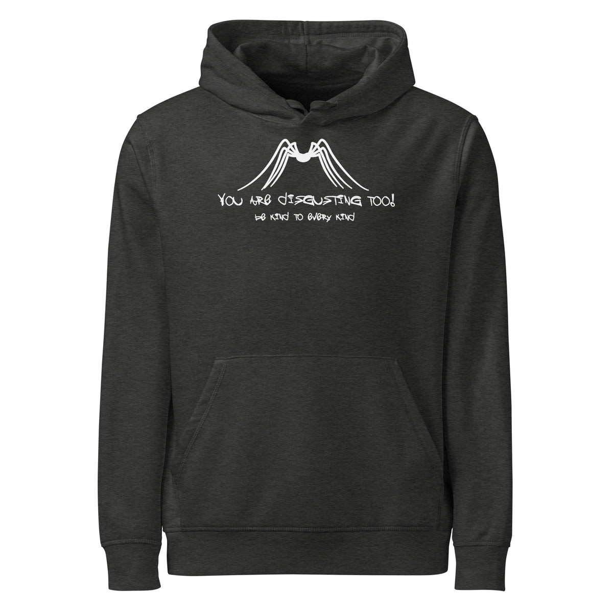 Anthrazitfarbener Hoodie mit Kapuze, Kängurutasche und Spinnen-Print auf der Brust