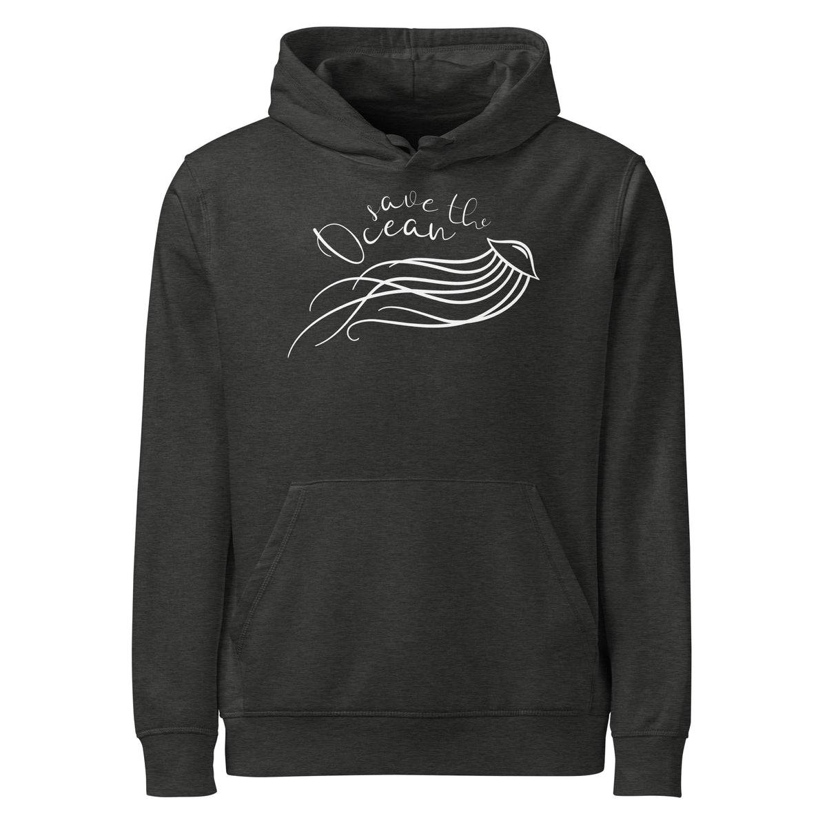 Grauer Hoodie mit Kapuze, Kängurutasche und Meerestier-Print vorn
