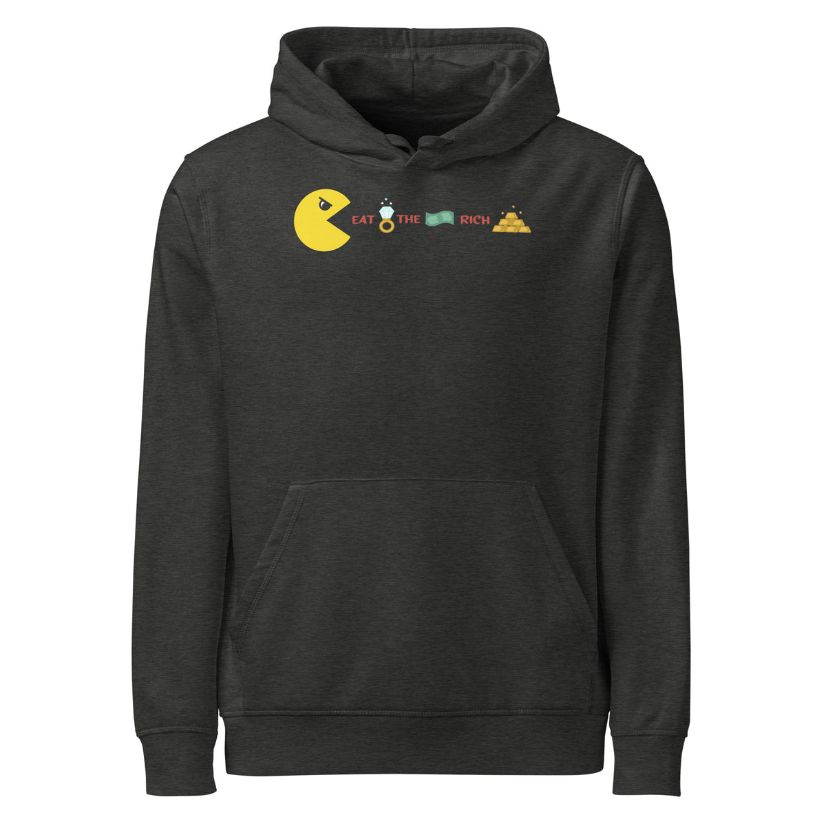 Dunkler Hoodie mit Kapuze, Kängurutasche und Aufdruck „Eat the Rich“