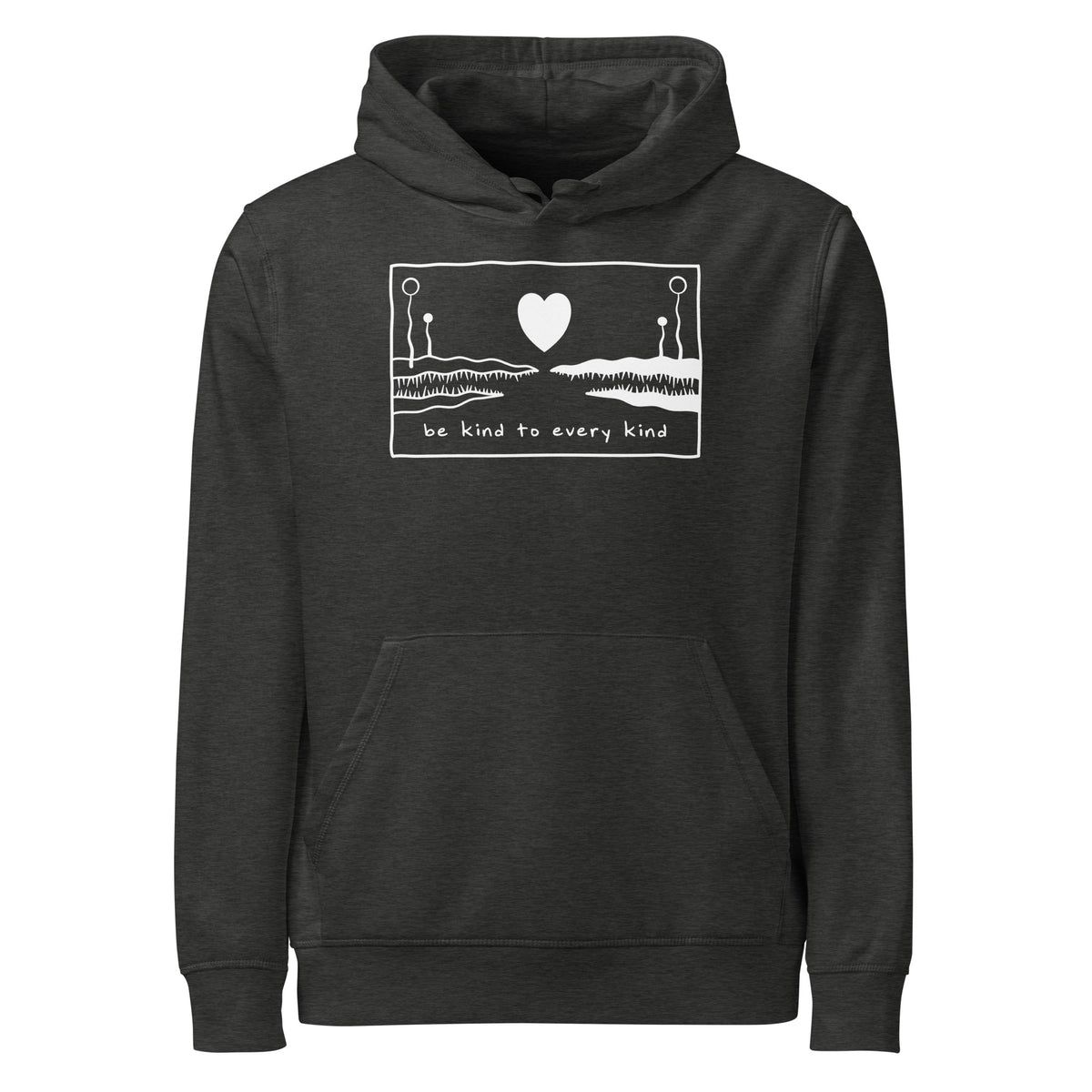 Dunkelgrauer Bio-Hoodie mit Kapuze und Frontprint „be kind to every kind“