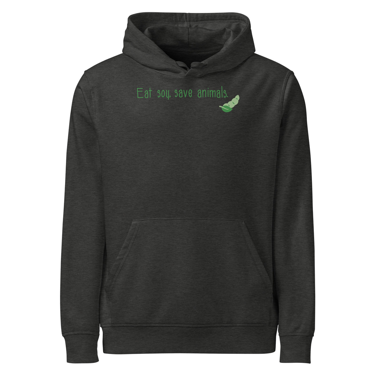 Dunkelgrauer Hoodie mit Kapuze, Kängurutasche und grünem Schriftprint „Eat soy save animals“