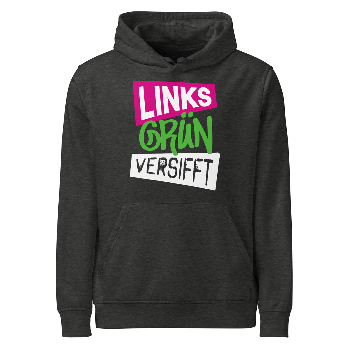 Dunkelgrauer Hoodie mit Kapuze und Frontprint aus bunten Schriftzügen