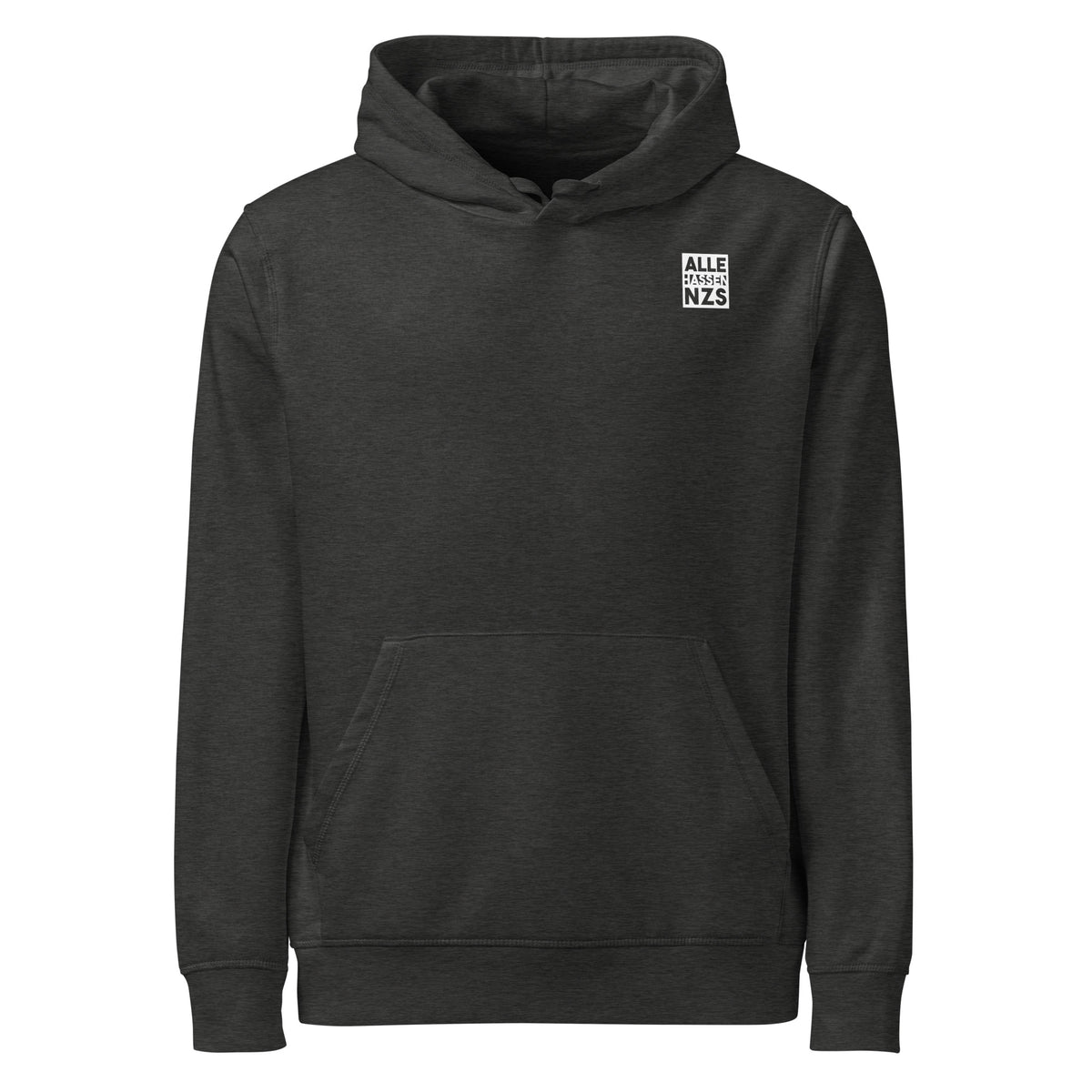 Grau melierter Hoodie mit Kapuze und Kängurutasche, Aufdruck „ALLE HASSEN NZS“