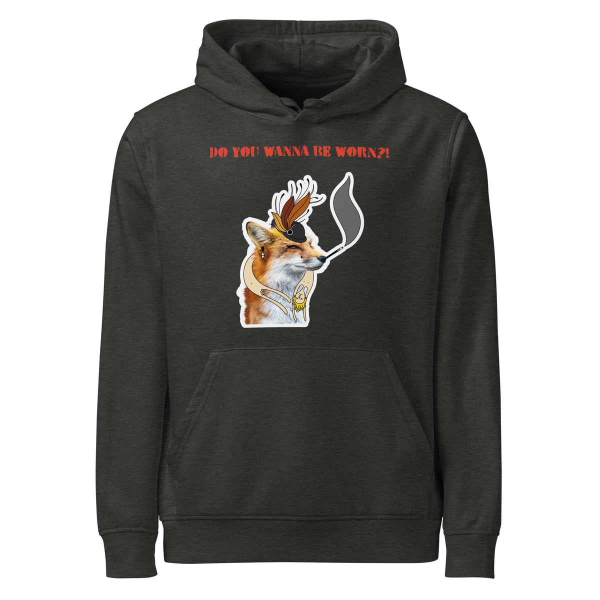 Dunkelgrauer Hoodie mit Kapuze, Kängurutasche und Fuchs-Print vorne