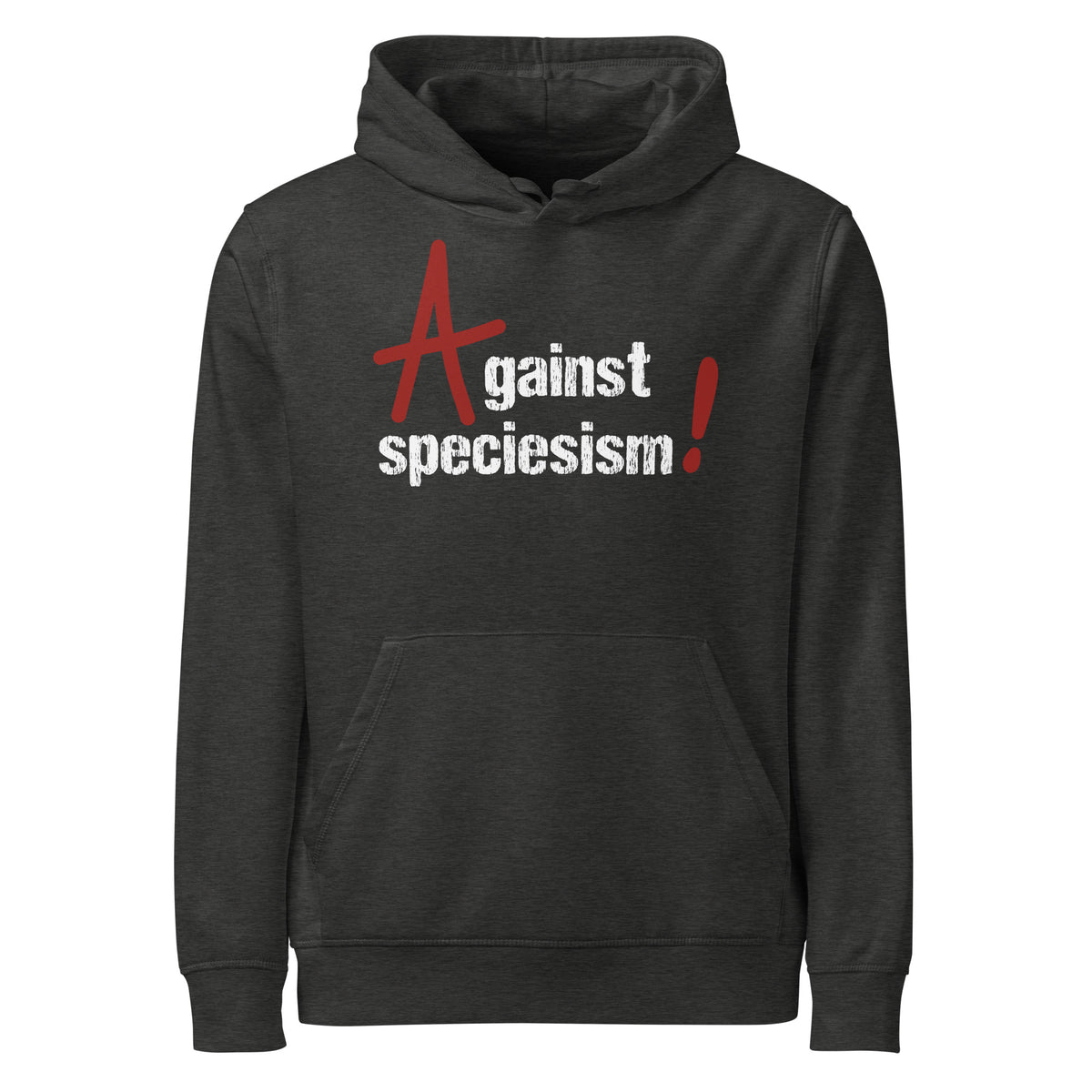 Dunkelgrauer Bio-Vegan Hoodie mit Kapuze, Kängurutasche und Aufdruck „Against speciesism!“