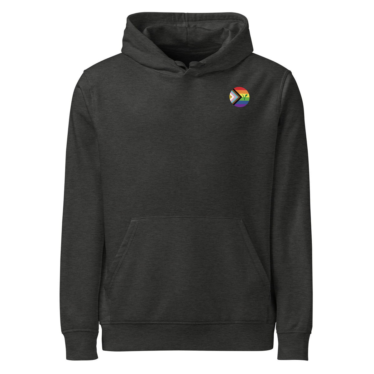 Dunkelgrauer Hoodie mit Kapuze, Kängurutasche und Regenbogen-Logo auf der Brust